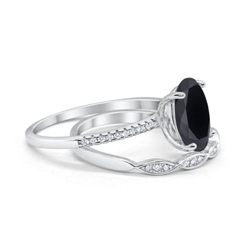 Two Piece Oval Bridal Wedding Ring Simulated Black CZ 925 Sterling Silver